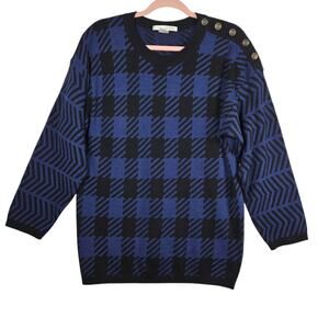 Vintage The Limited Sweater Womens Medium Blue Plaid Button Shoulder 80s 90s